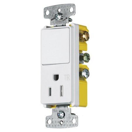 HUBBELL WIRING DEVICE-KELLEMS Switches and Lighting Controls, Combination Devices, Residential Grade, Decorator Series, 1) Single Pole Rocker, 1) Single Tamper Resistant Receptacle, 15A 120V AC, Side Wired RCD108WTR